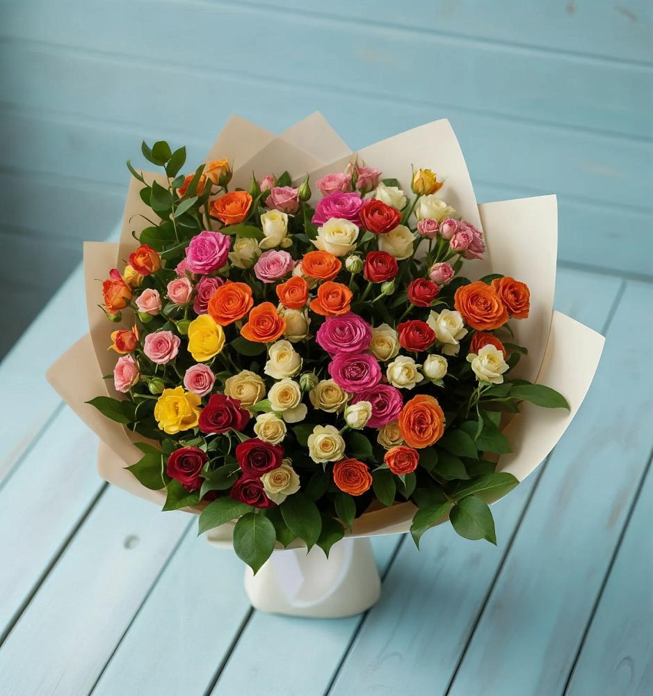 Букет Микс из разноцветных кустовых роз в Поздняково