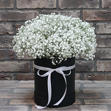 Цветочная композиция из Гипсофила в шляпной коробке в Поздняково