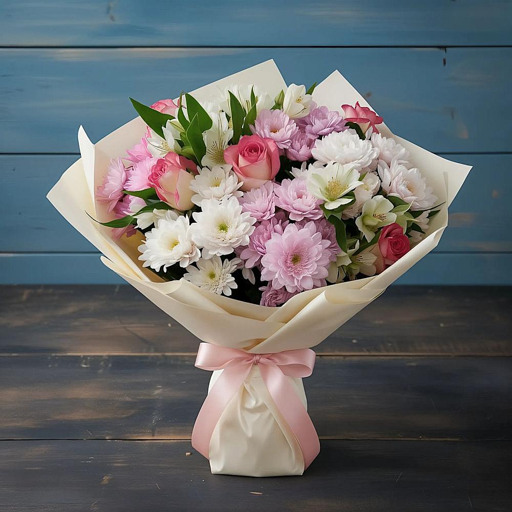 Букет цветов из: Хризантемы, Альстромерии и Розы в Поздняково